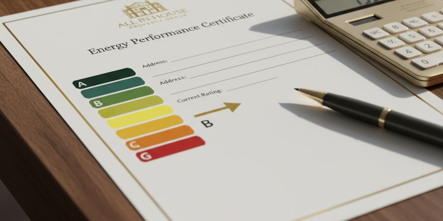UK EPC certificate and energy rating documents on a desk