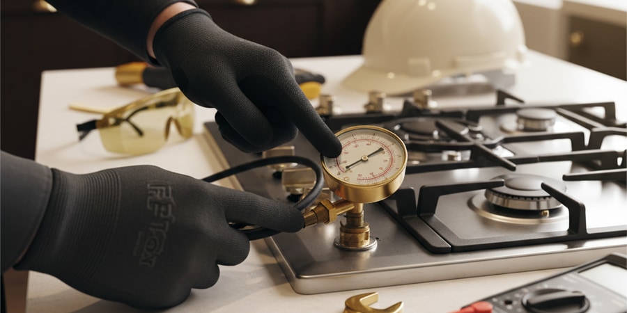 Gas engineer testing a gas hob with a pressure gauge