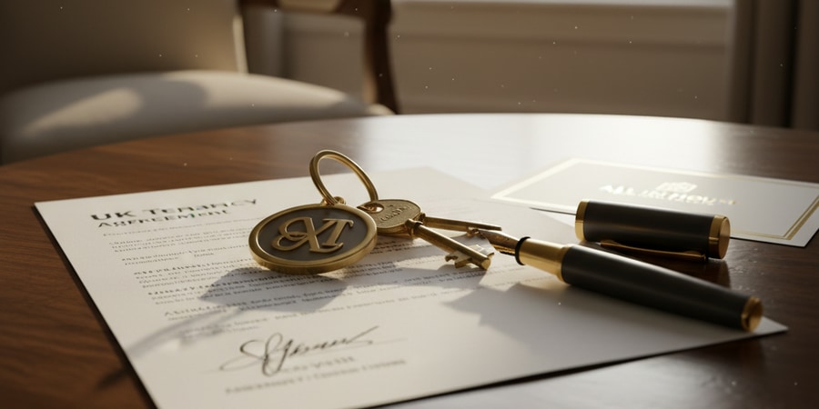 Signed tenancy agreement and keys on a wooden table