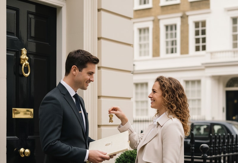 Tenant key handover at a London front door